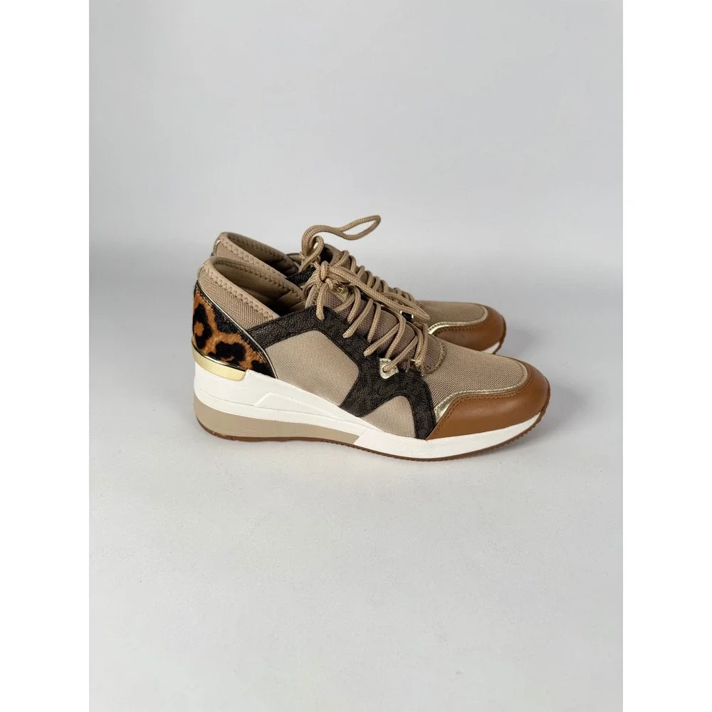 Michael Kors Georgie Wedge Sneakers Leopard Print Gold Tan HJ19F‎ Womens 7.5M